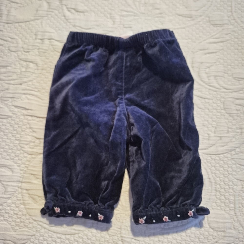 Janie and Jack girls size 0-3 months navy velvet pants, embroidered flowers VGUC - Picture 2 of 7